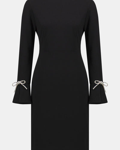 Scuba Crepe Shift Dress With Rhinestone Bows, Black