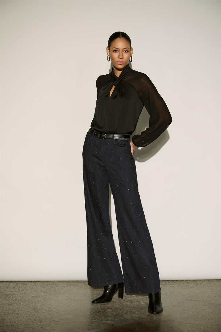 Classic Rhinestone Wide-Leg Jeans, Dark Denim Blue