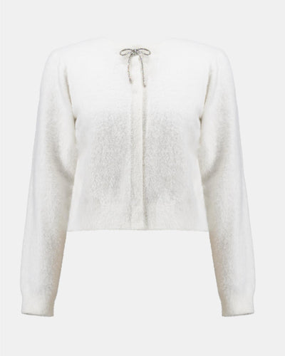 Feather Yarn Cardigan with Rhinestone Bow, Winter White