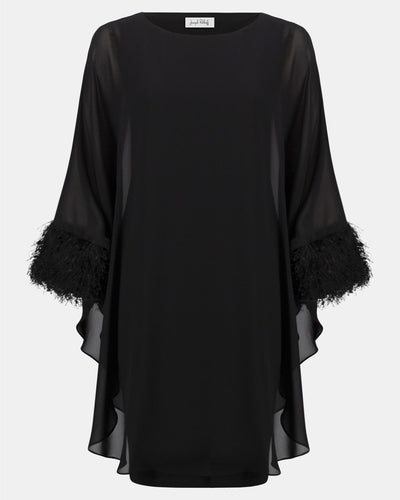 Silky Knit & Chiffon Layered Dress with Fringe Detail, Black