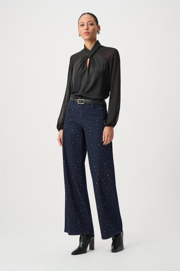 Classic Rhinestone Wide-Leg Jeans, Dark Denim Blue