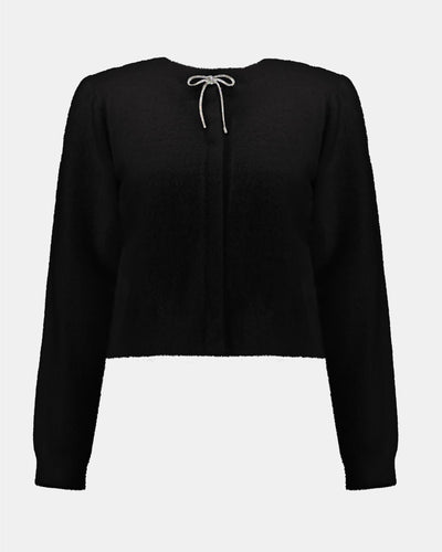 Feather Yarn Cardigan with Rhinestone Bow, Black