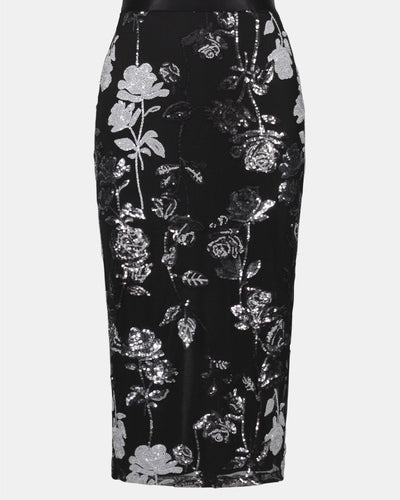 Sequin Embroidered Floral Print Pencil Skirt, Black/Multi