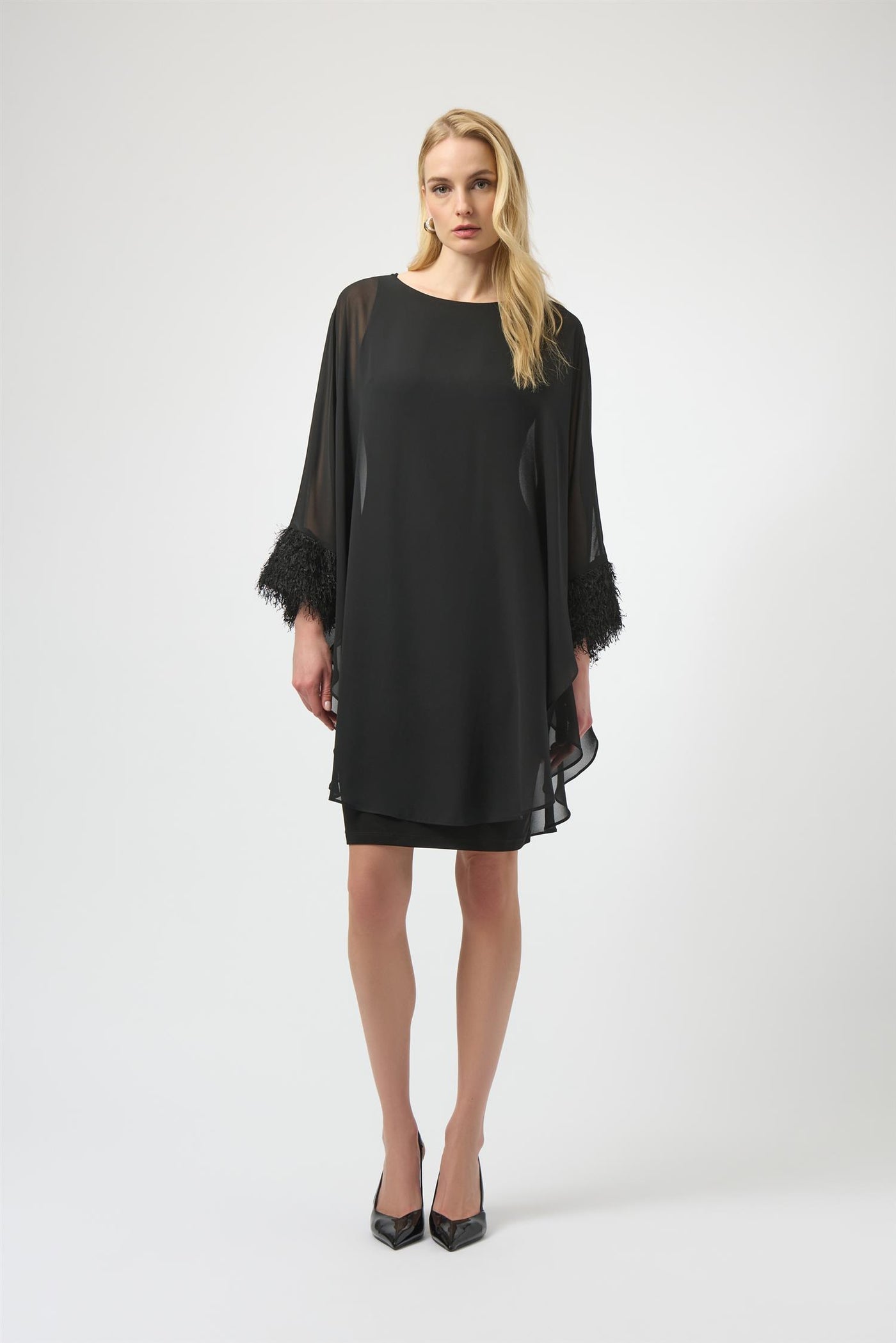 Silky Knit & Chiffon Layered Dress with Fringe Detail, Black fra Joseph Ribkoff - bilde 3