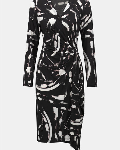 Foiled Silky Knit Abstract Print Wrap Dress, Black/Multi