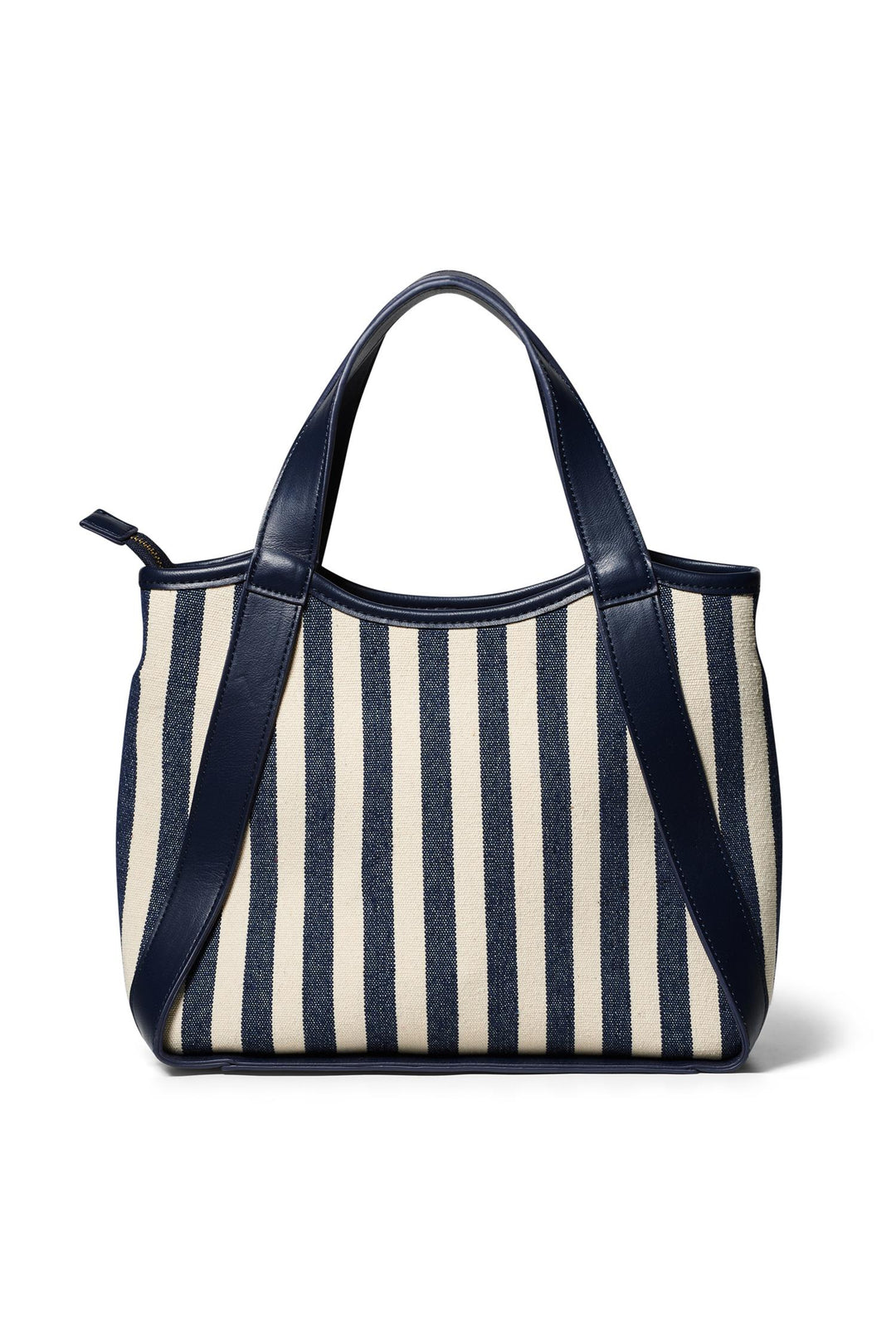 Marineblå og beige stripet midi tote-veske med skinnhåndtak, frontsett på hvit bakgrunn
