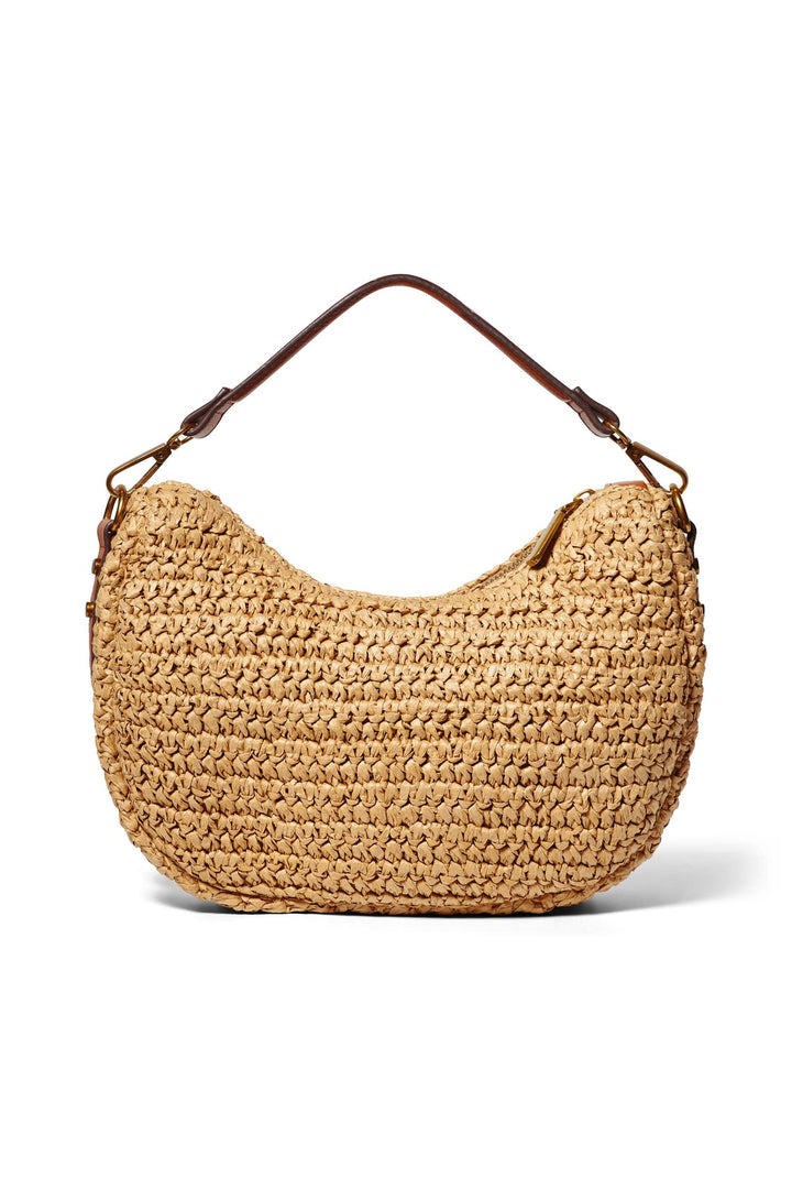 Raffia skulderveske i naturlig beige med flettemønster, frontsett på hvit bakgrunn med brun lærhåndtak