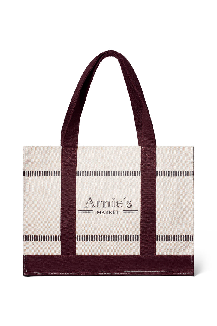 Naturfarget tote bag med burgundy håndtak og Arnie&