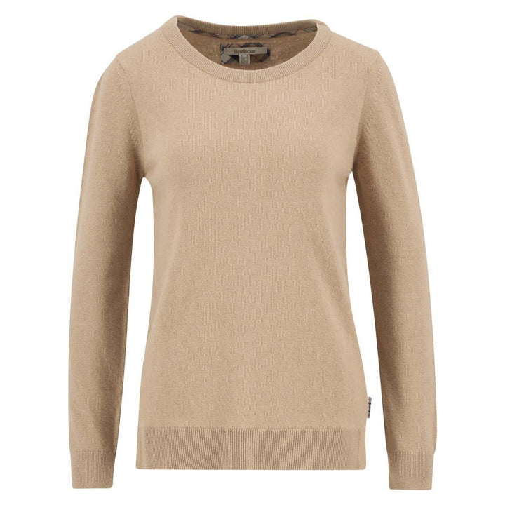 Beige strikket genser med rund hals og ribbet kant, frontsett på hvit bakgrunn