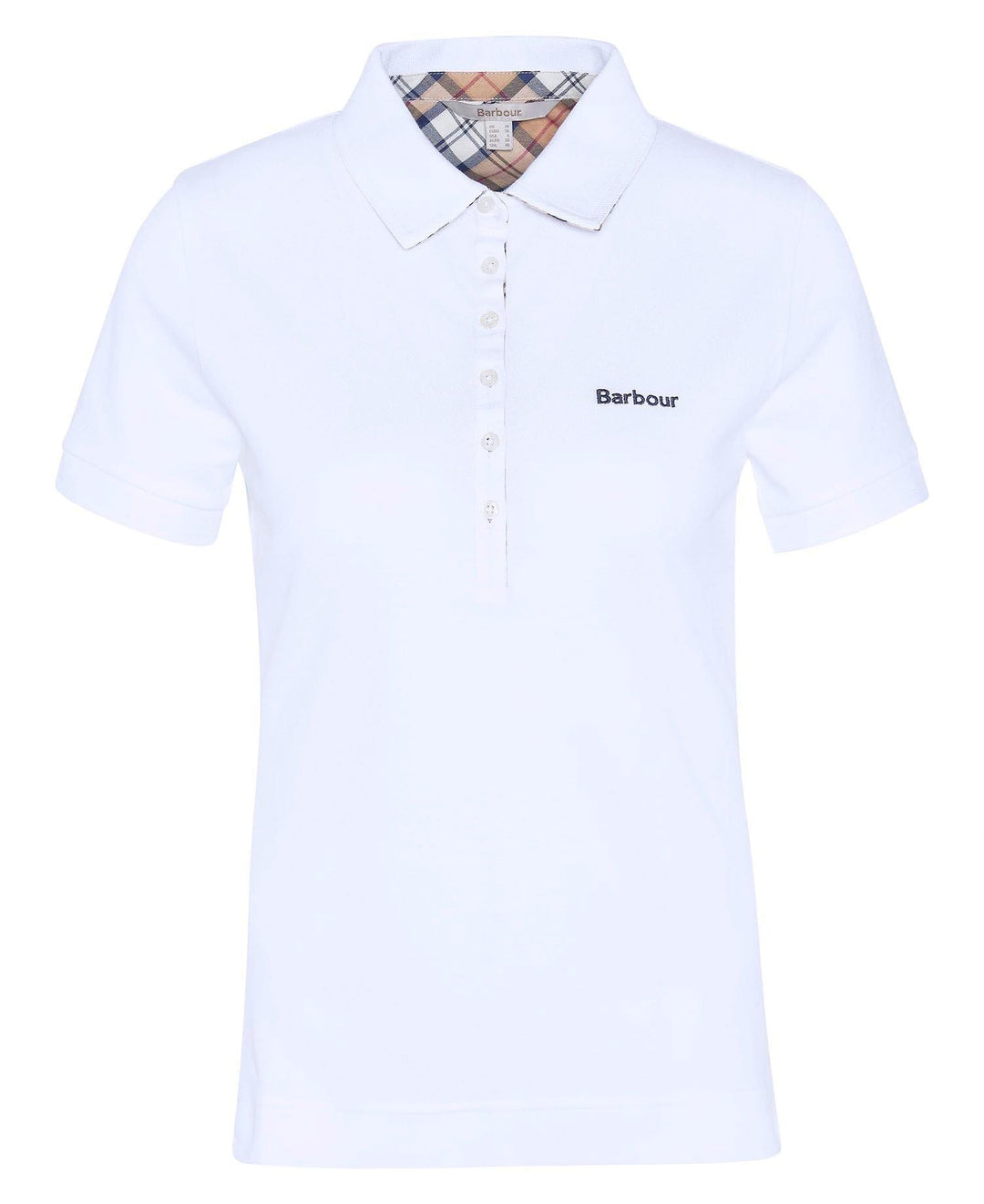 Hvit poloskjorte med Barbour-logo og rutet fôr under kragen, frontsett på hvit bakgrunn