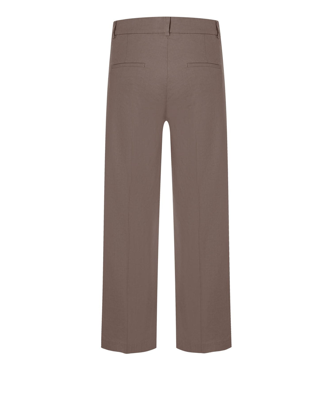 Bakside av beige bukser med vide ben, baklommer med klaff og strukturert linning