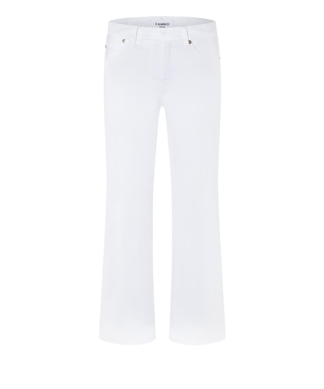 Hvite flared jeans med frynset kant og fem-lommedesign, frontsett på hvit bakgrunn
