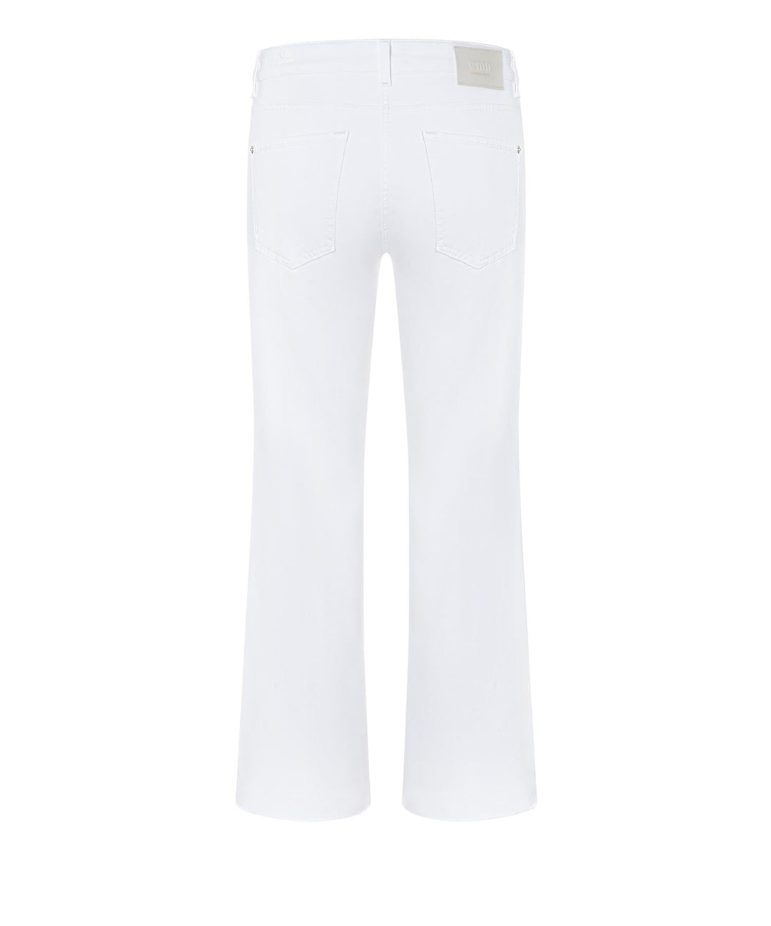 Bakside av hvite flared jeans med klassiske lommer og frynset kant, hel lengde