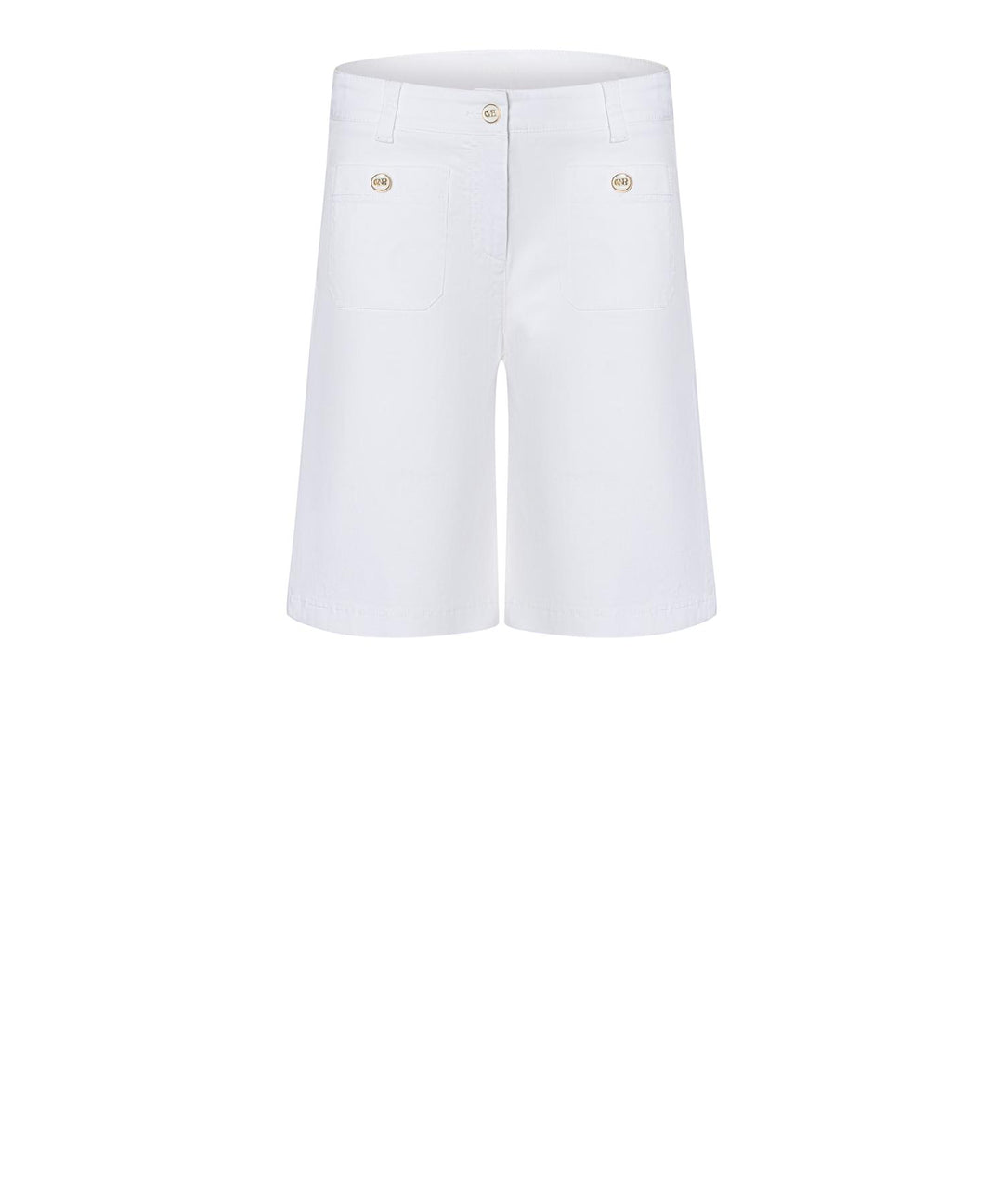 Hvite shorts med gulltonede knapper og lommer, frontsett på hvit bakgrunn