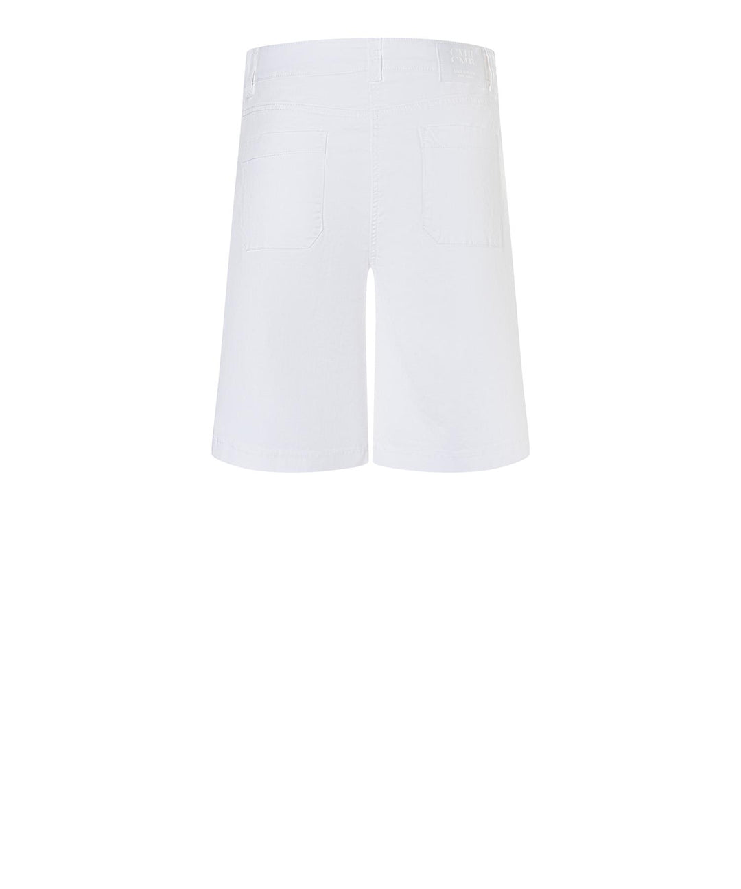 Bakside av hvite shorts med klassisk fem-lommedesign og gullfarget merkelogo på baklomme