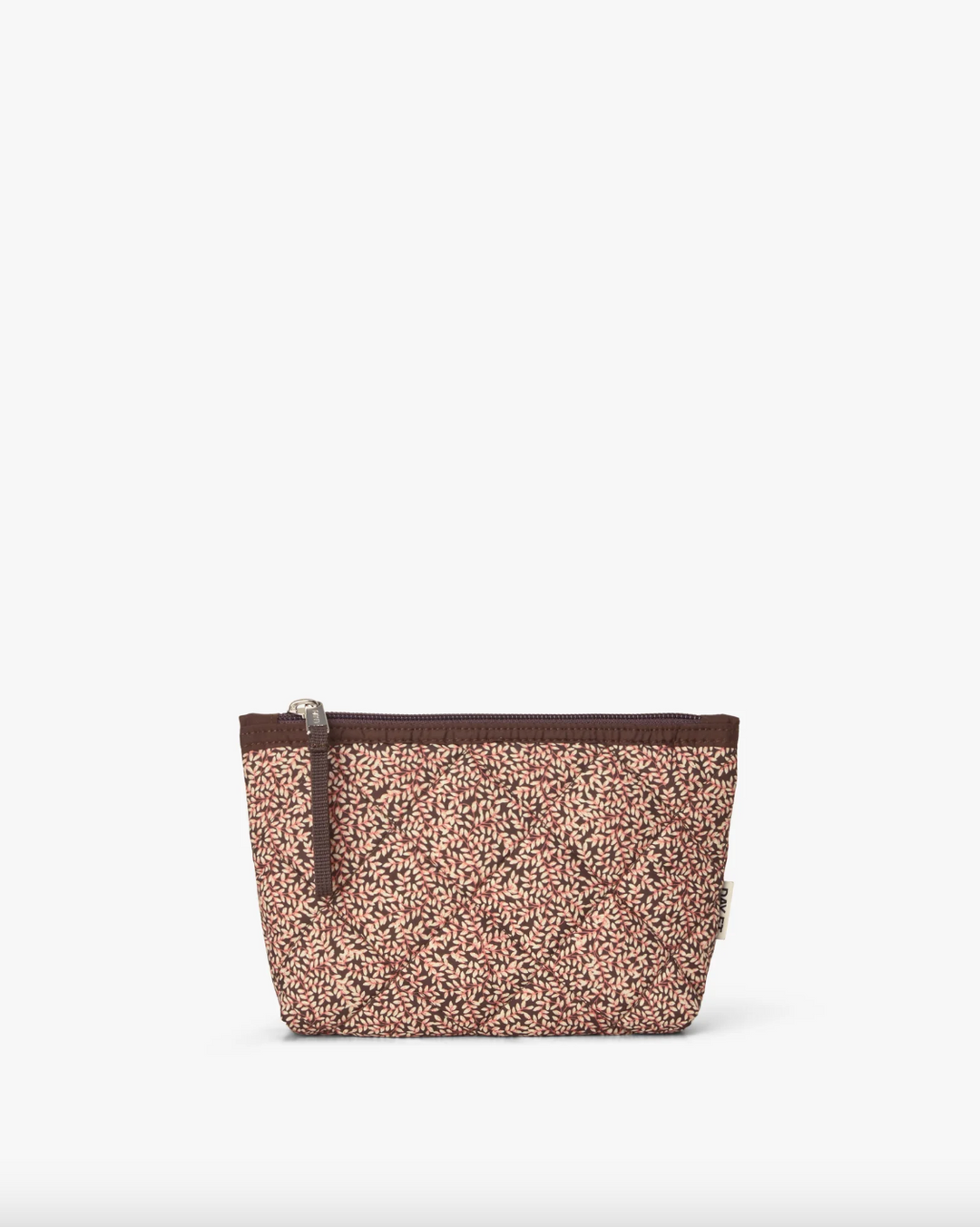 Liten kosmetikkveske med rosa-brunt mønster og brun glidelås, frontsett på lys bakgrunn