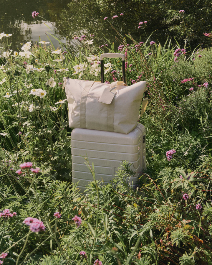 Pastel parchment koffert med matchende bag i blomstereng ved vann, frontsett med teleskophåndtak