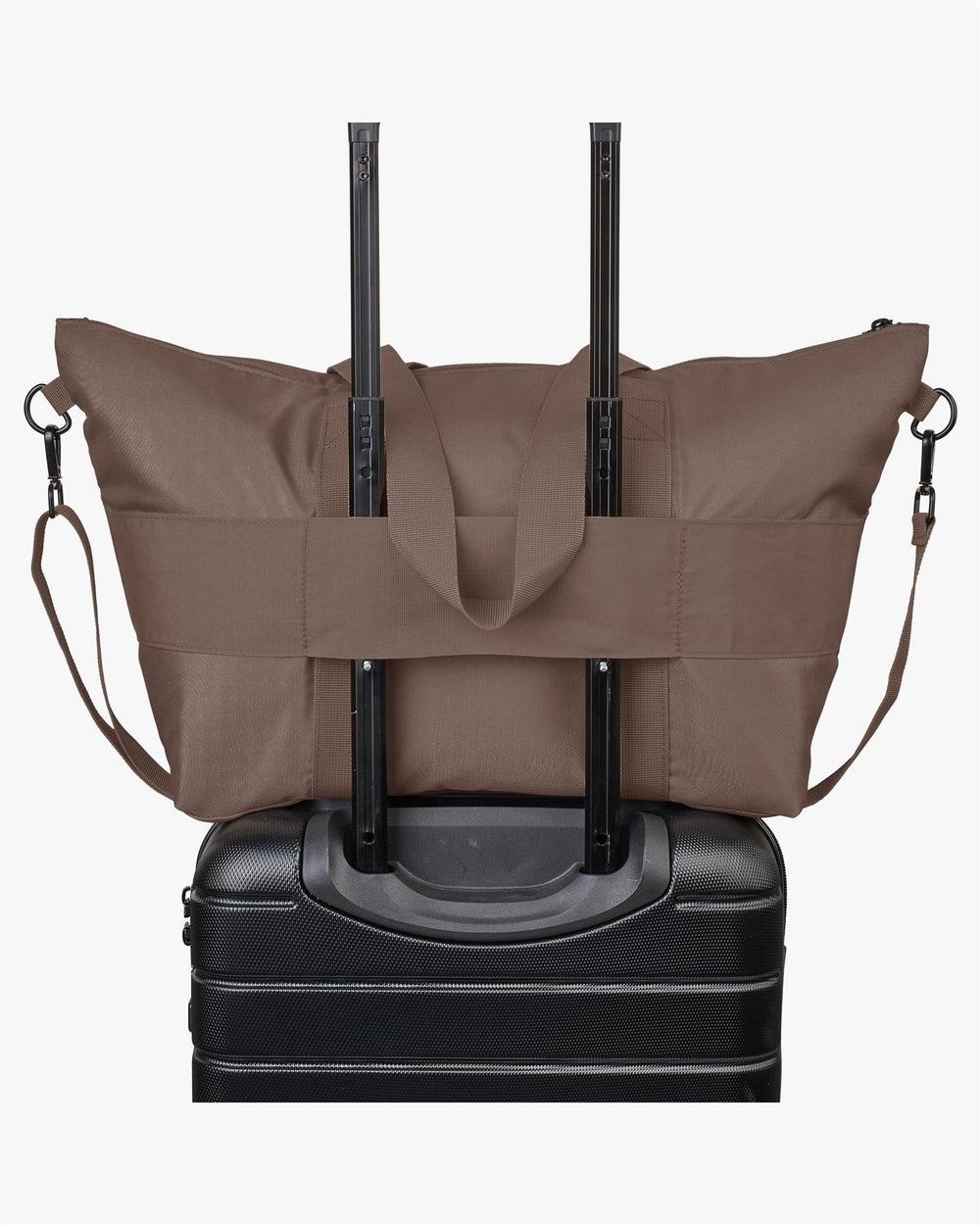 Major brown tote-bag festet til koffert med teleskophåndtak, bakside med stropper og glidelås