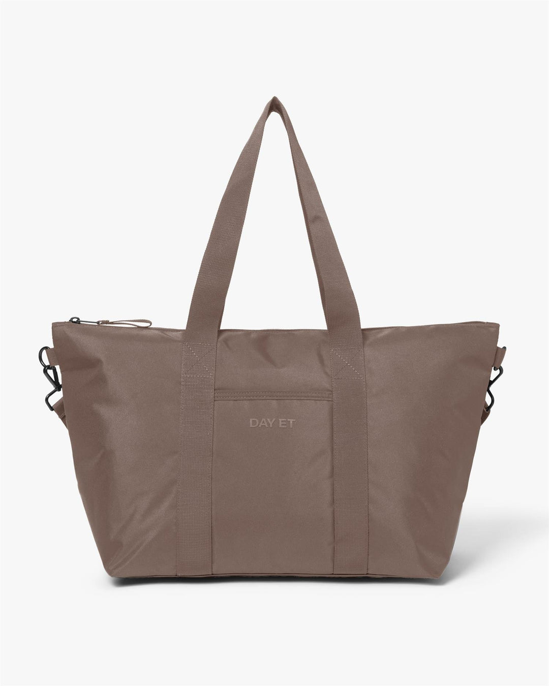 Major brown tote-bag med DAY ET logo, to brede skulderreimer og justerbare sidestropper, frontsett på hvit bakgrunn