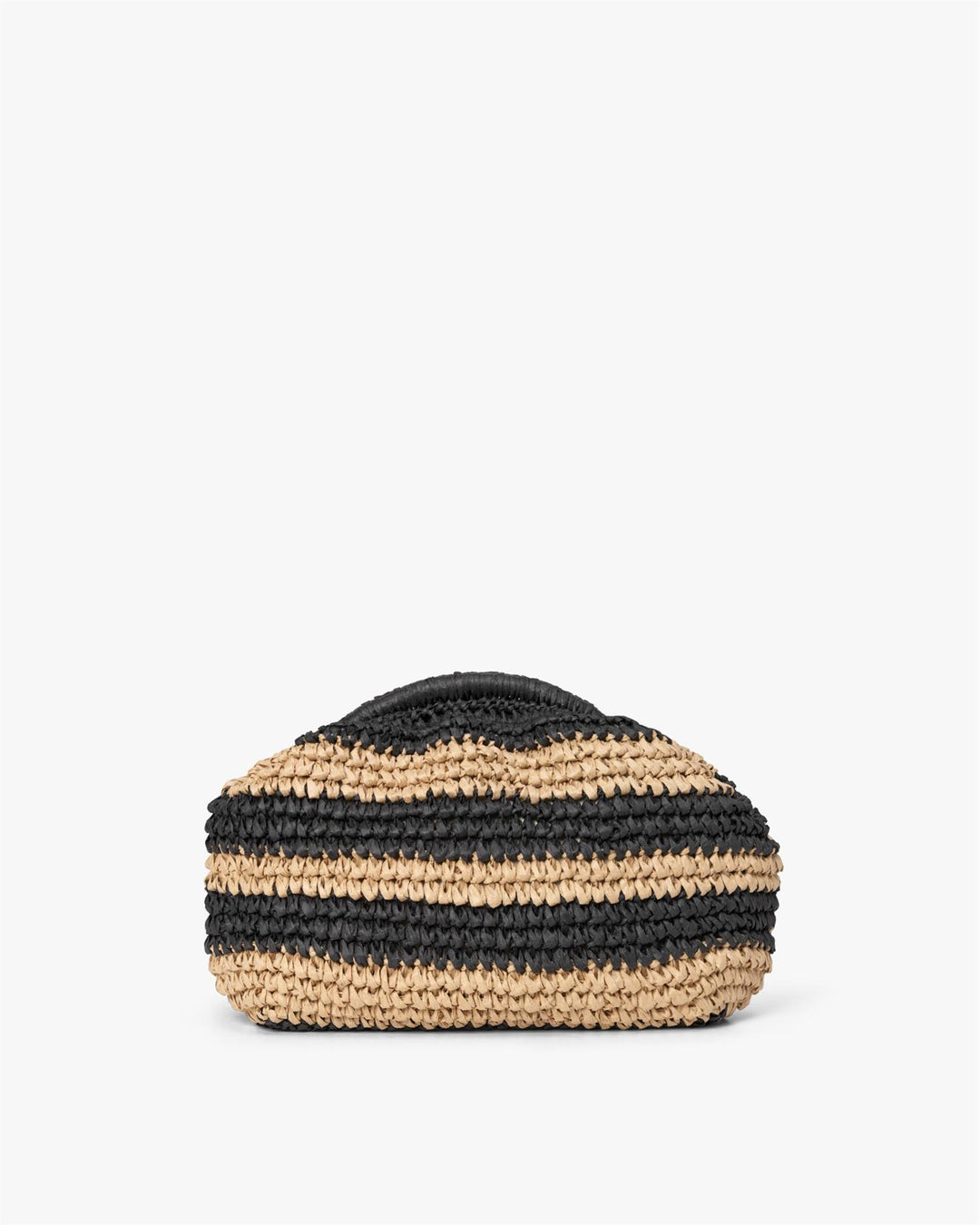 Heklet clutch-veske i naturfarget og svart stripemønster, frontsett mot lys bakgrunn