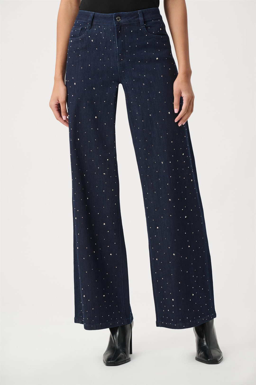 Classic Rhinestone Wide-Leg Jeans, Dark Denim Blue