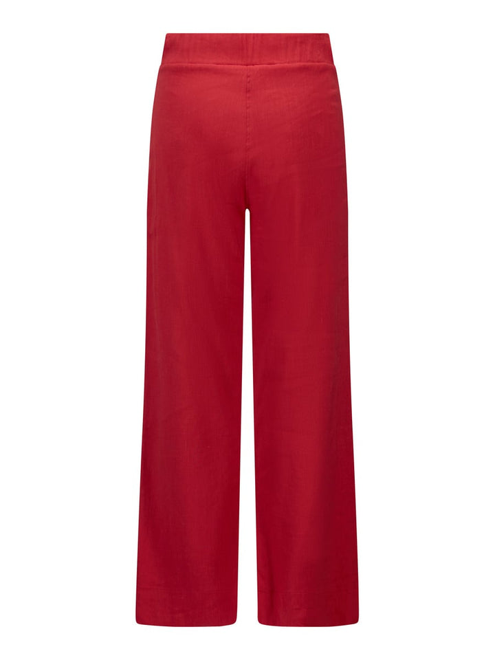 Røde bukser med vide ben og høy linning, frontsett på hvit bakgrunn