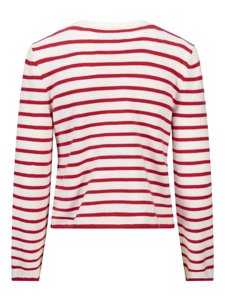 Bakside av hvit cardigan med røde striper, ribbet kant og lange ermer
