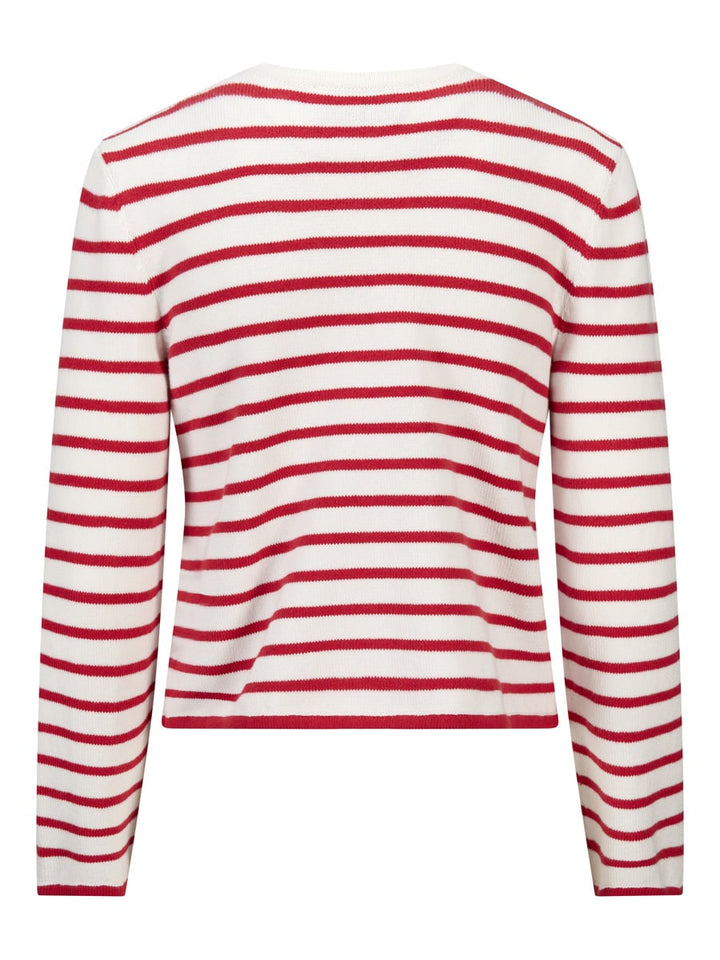 Bakside av hvit cardigan med røde striper, ribbet kant og lange ermer