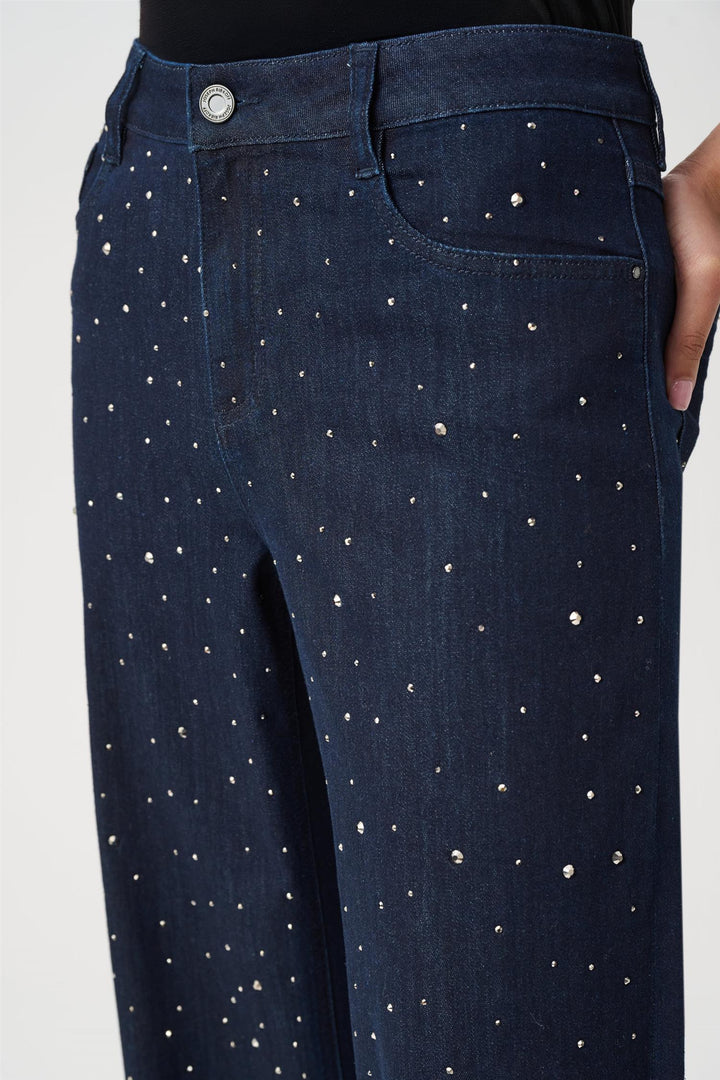 Classic Rhinestone Wide-Leg Jeans, Dark Denim Blue