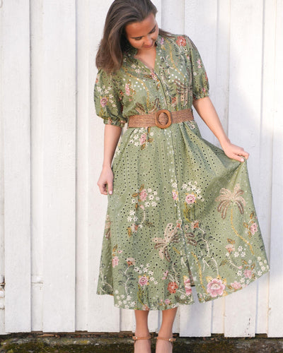 Kjole m/broderie anglaise, Grønn
