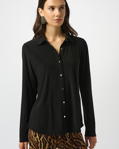 Silky Knit Button-Front Straight Blouse, Black