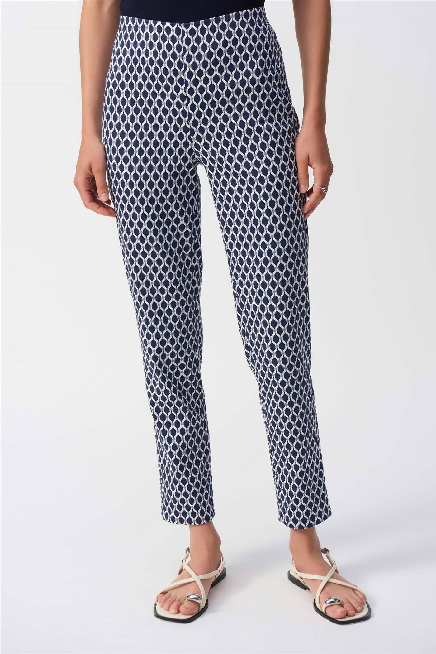 Jacquard Geometric Print Slim Fit Pants, Blue/White