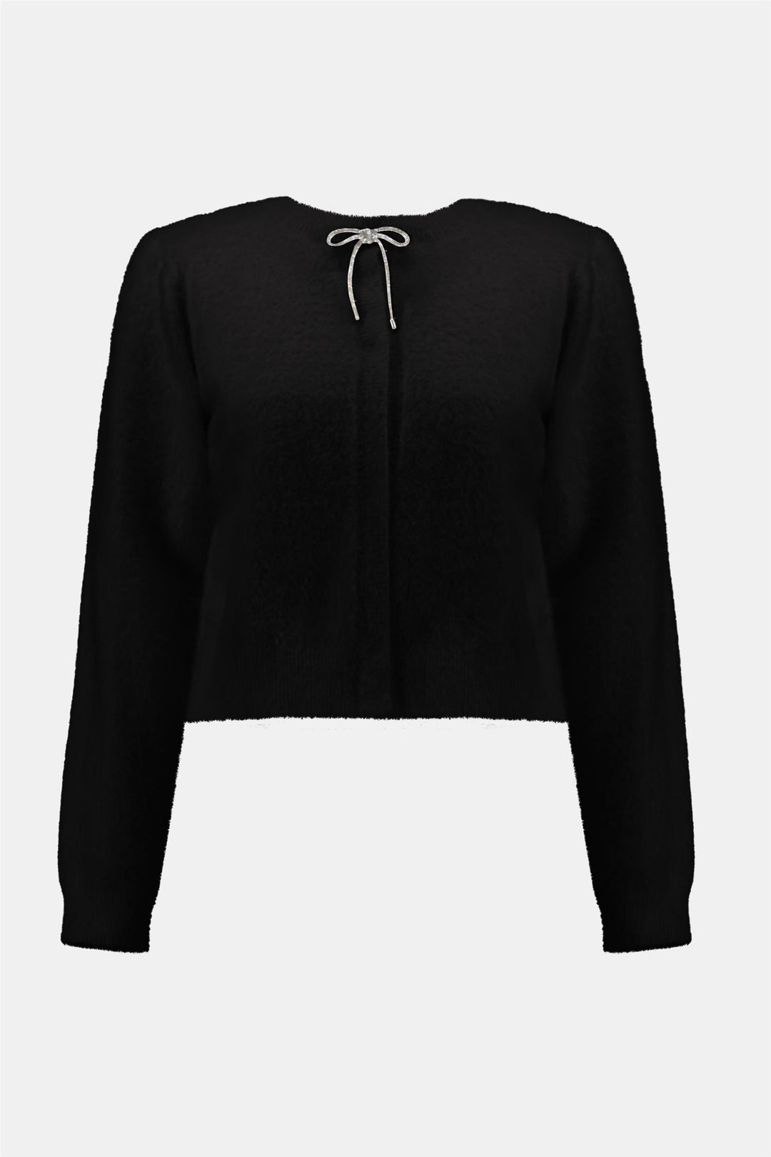 Feather Yarn Cardigan with Rhinestone Bow, Black