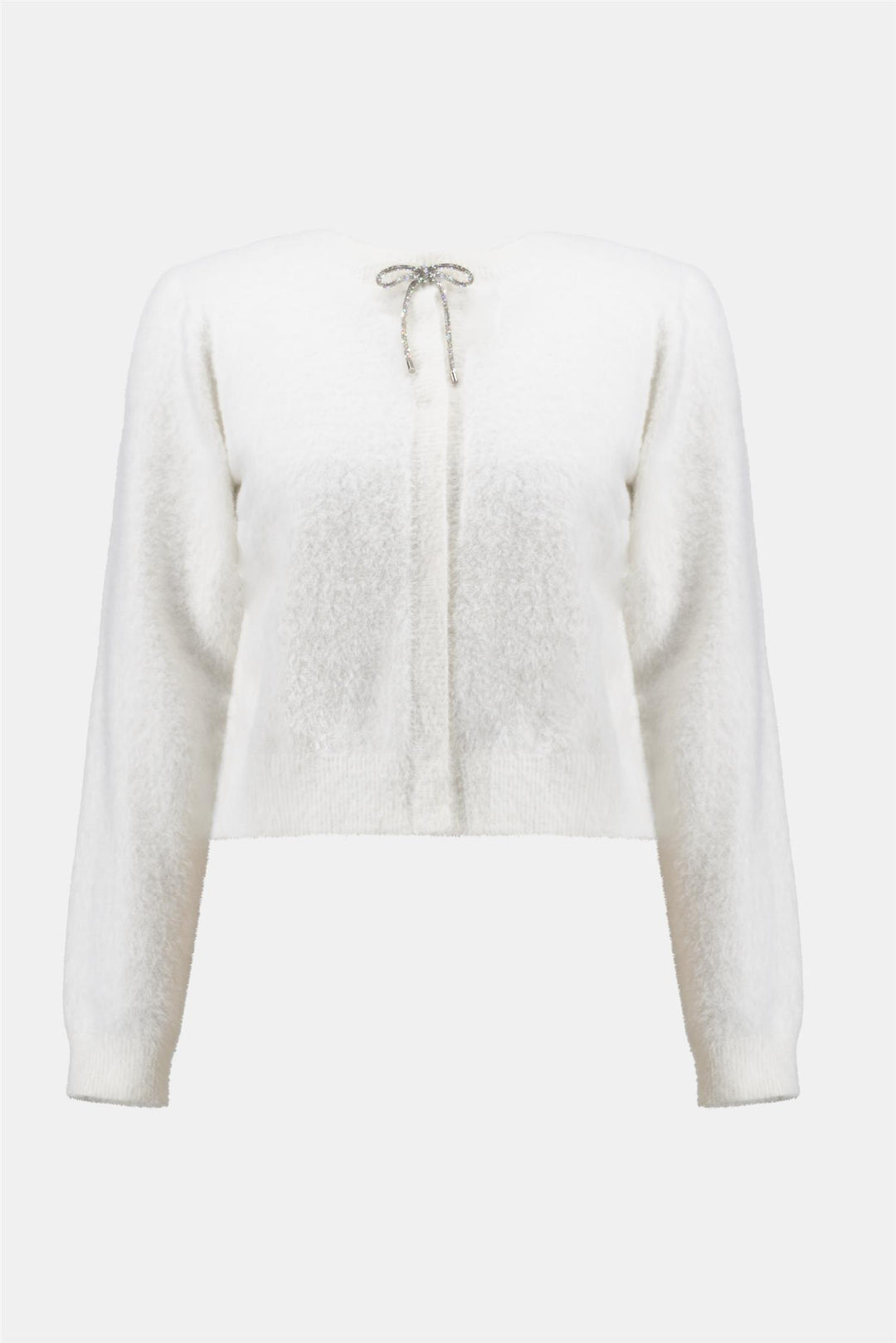 Feather Yarn Cardigan with Rhinestone Bow, Winter White