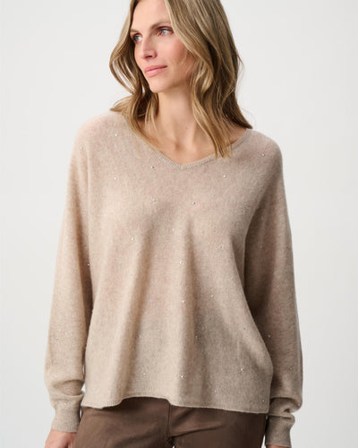 Cashmere Boxy Sweater With Rhinestone Detail, Oatmeal Melange