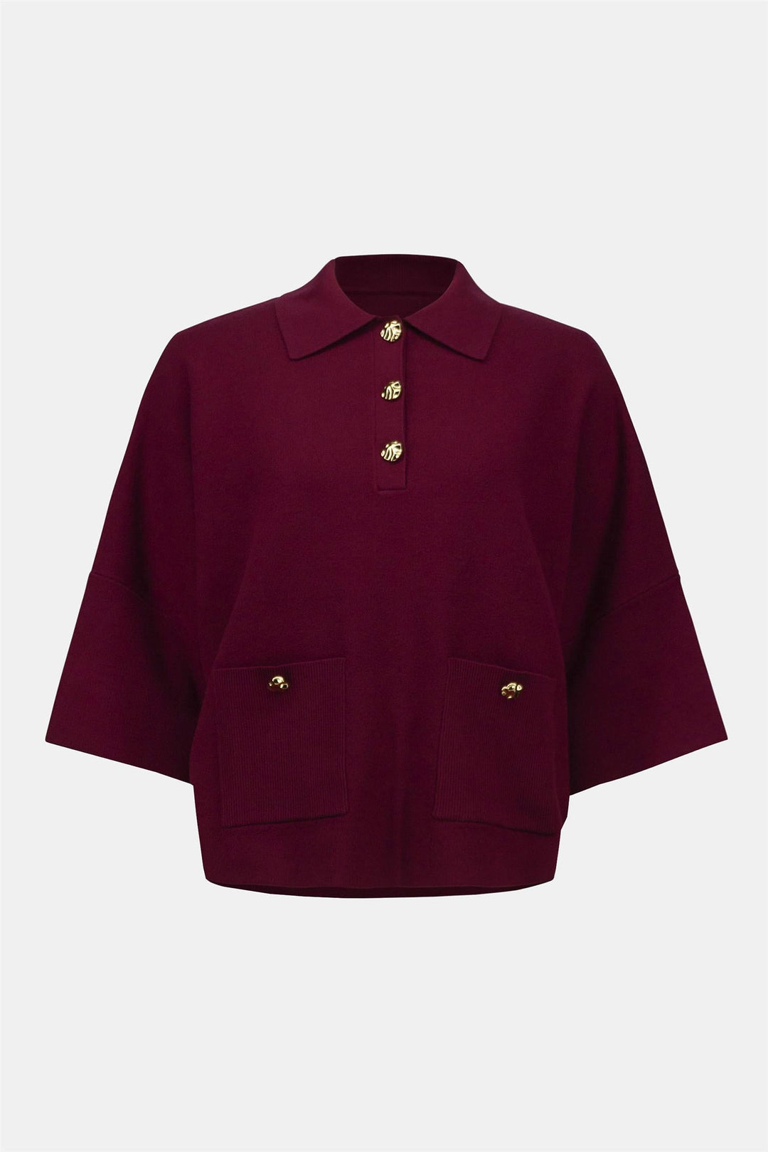 Sweater Knit Boxy Pullover With Polo Collar, Merlot