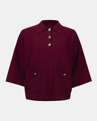 Sweater Knit Boxy Pullover With Polo Collar, Merlot