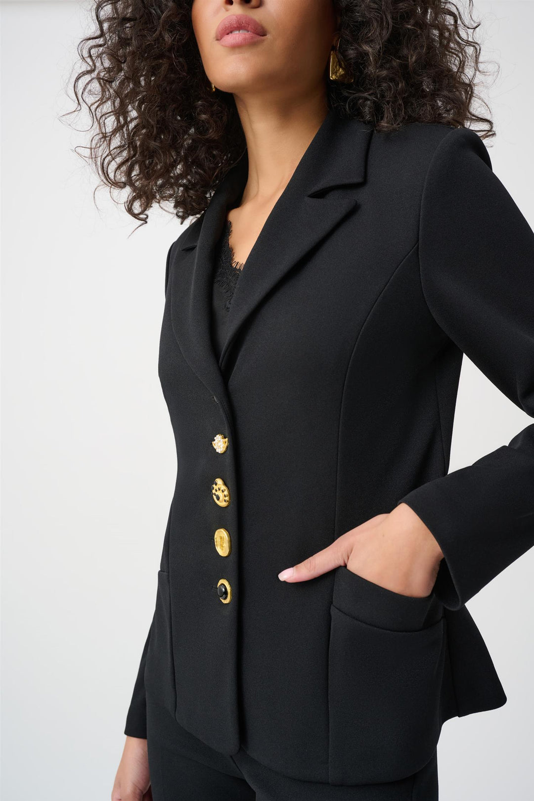 Scuba Crepe Fitted Blazer With Statement Buttons, Black