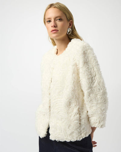 Embroidered Faux Fur Collarless Jacket, Vanilla