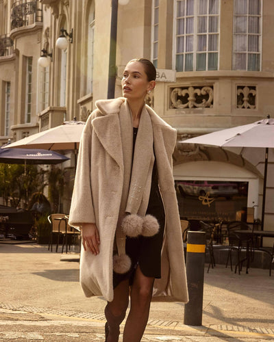 Faux Fur Straight Coat, Almond