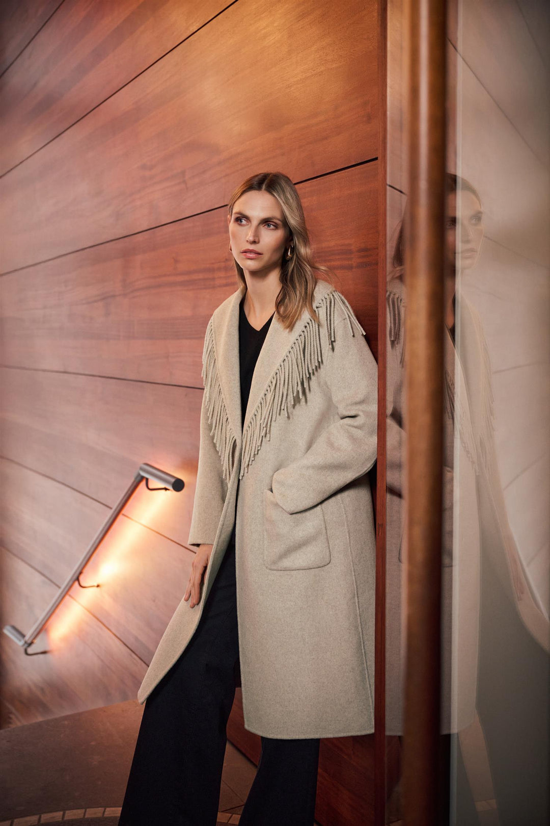 Wool Blend Shawl Collar Fringed Coat, Oatmeal