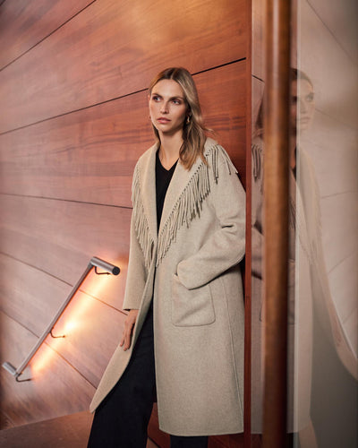 Wool Blend Shawl Collar Fringed Coat, Oatmeal