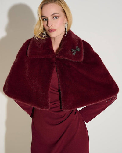 Signature | Faux Fur Cape with Crystal Brooch, Merlot