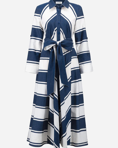 Cotton Stripe Print Fit and Flare Shirt Dress with Reversible Sash, Navy/White
