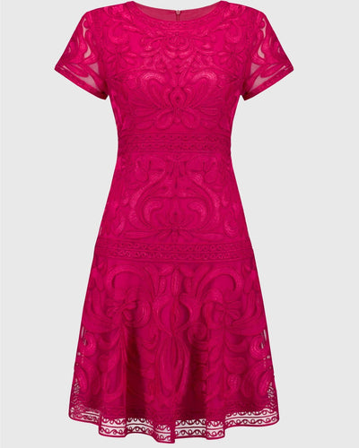 Embroidered Mesh Fit and Flare Dress, Geranium