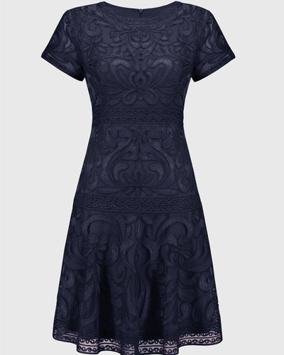 Embroidered Mesh Fit and Flare Dress, Midnight Blue