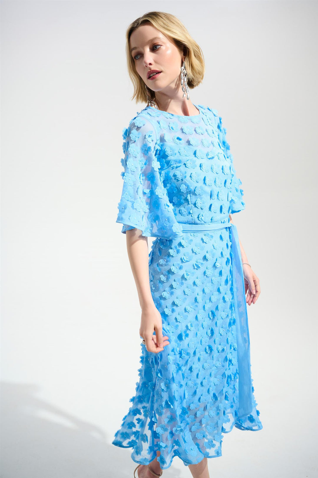 Signature | 3D Embroidered Chiffon Fit And Flare Dress With Sash Belt, Sky Blue