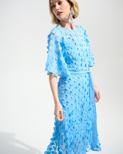 Signature | 3D Embroidered Chiffon Fit And Flare Dress With Sash Belt, Sky Blue