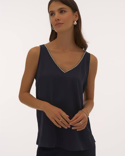 Satin Sleeveless Top with Rhinestone Trim, Midnight Blue
