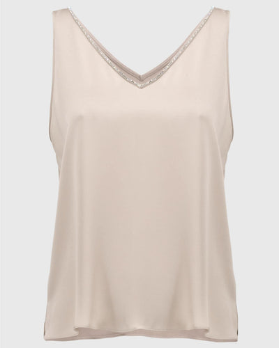 Satin Sleeveless Top with Rhinestone Trim, Sand